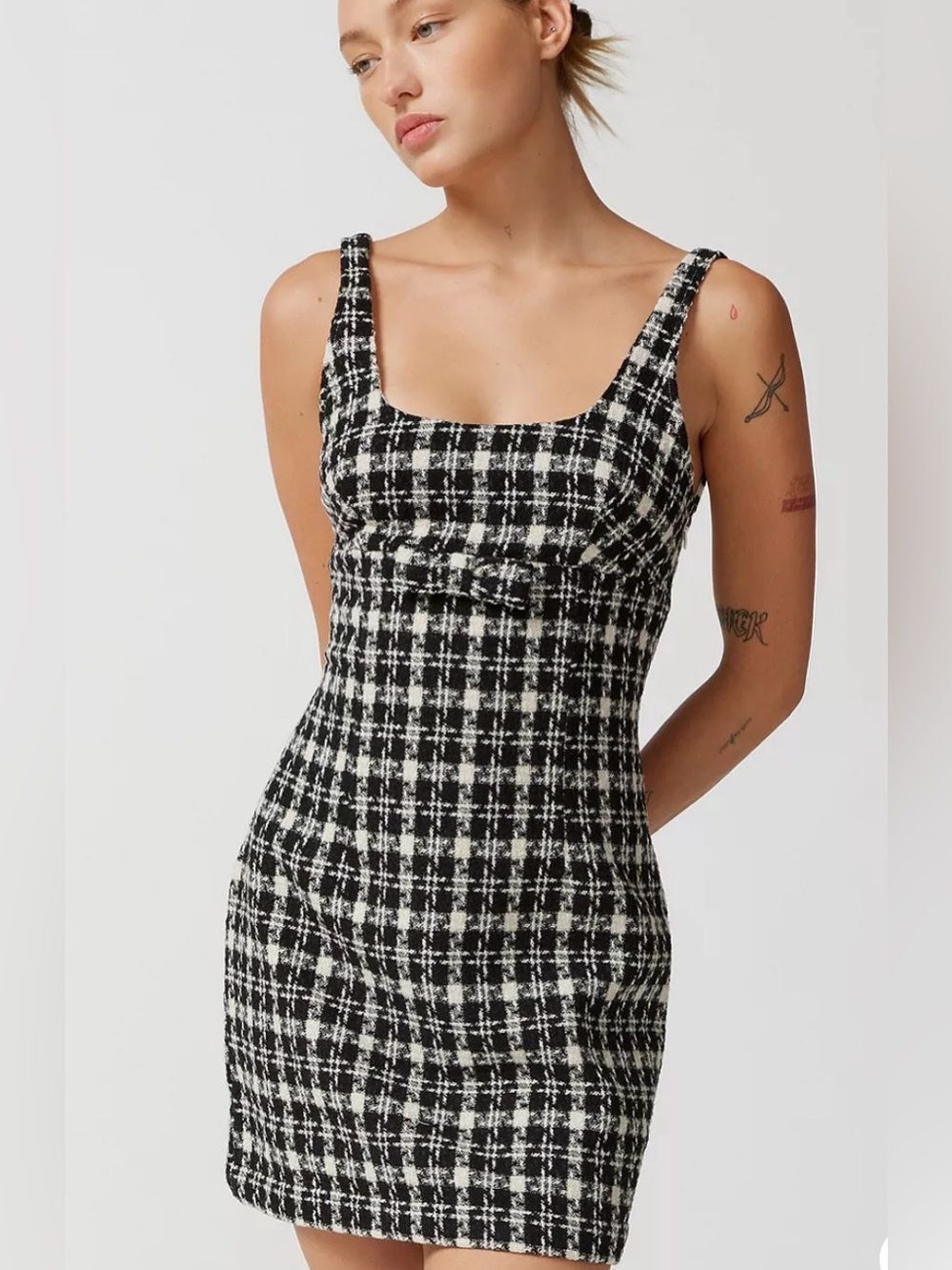 Urban Outfitters Black White Boucle Plaid Textured Knit Mini Dress Womens Small